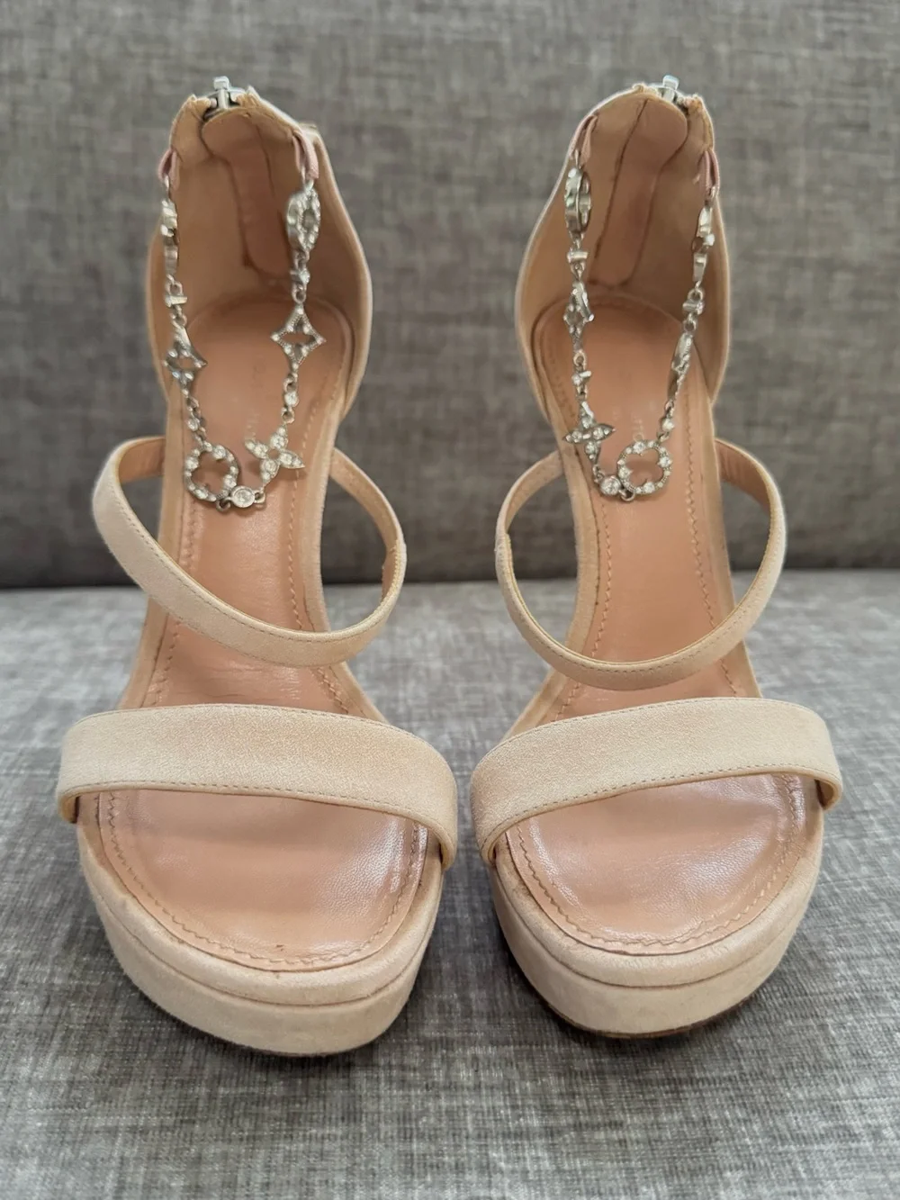 Louis Vuitton Appeal Crystal Monogram Suede Platform Heels Nude 36